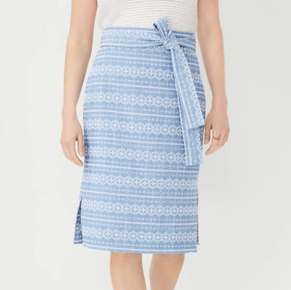 Ann Taylor Tie Waist Pencil Skirt Embroidered Eyelet Chambray Blue NEW 6 career